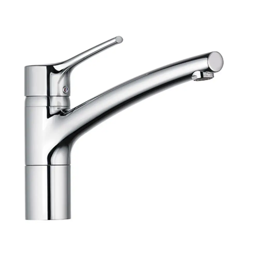 Küchenarmatur von Kludi in Chromausführung mit einem langen, geschwungenen Auslauf und einem Hebel zum Regulieren der Wassermenge und -temperatur.